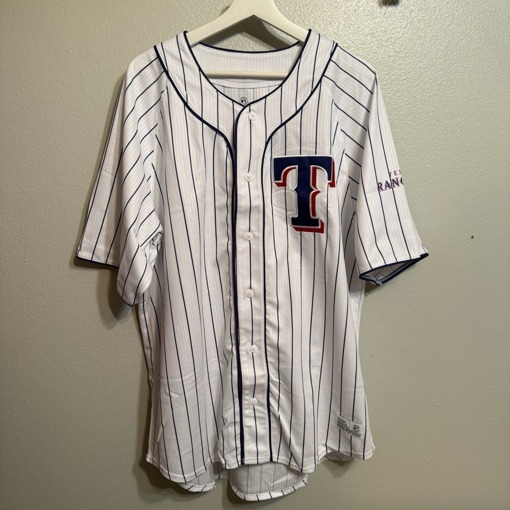 Texas Rangers Dynasty Baseball Jersey Men White Stripe Button Short Sleeve MLB M - Picture 3 of 7